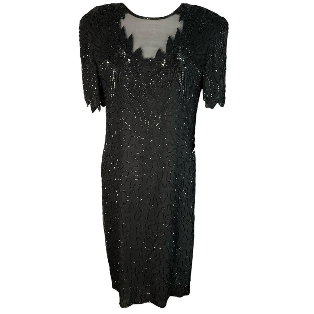 NWT Vintage Jewel Queen 100% Silk Black Beaded Sequined Cocktail Dress Sz 14